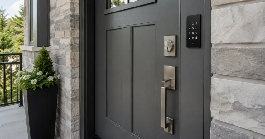 High-security door hardware and access control keypad installed on a residential entry door in Scugog