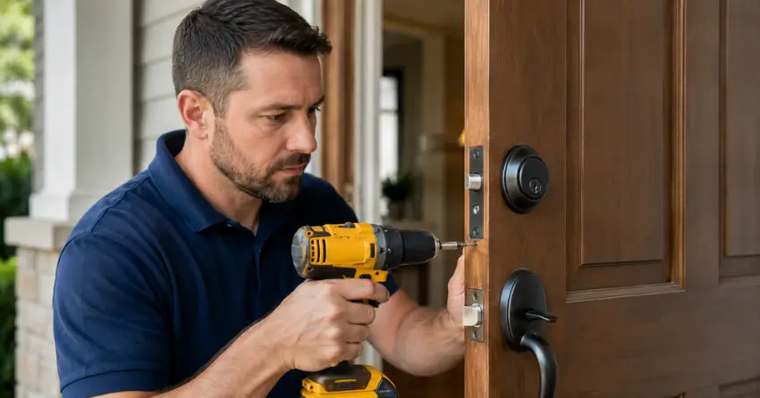 technician installing a new deadbolt during Change Door Lock Prospect, Scugog service