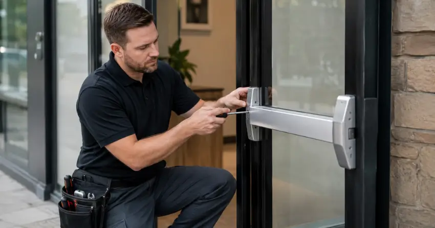 commercial locksmith repairing exit device on storefront door Fralicks Beach, Scugog