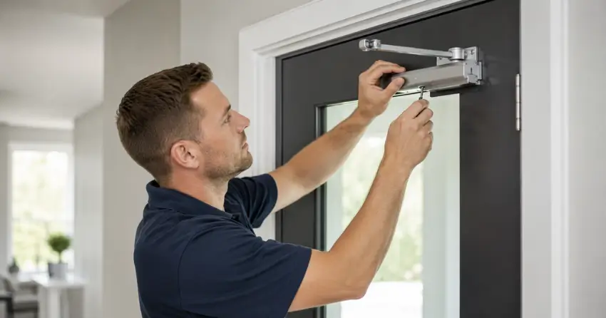 technician adjusting door closer hydraulic valve in Prospect, Scugog home