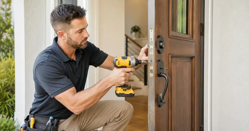 locksmith installing new deadbolt lock on front door in Sunset View, Scugog