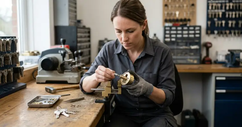 locksmith technician rekeying a deadbolt in Scugog