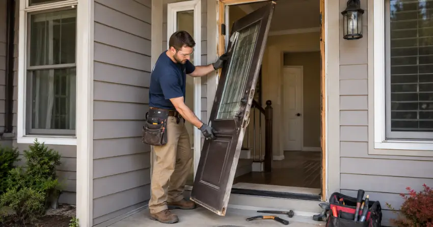 old exterior door being removed for replacement in Scugog