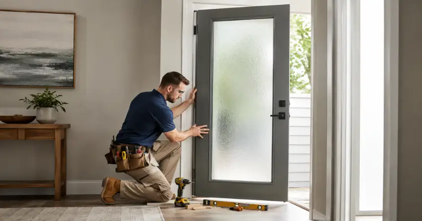 glass panel door installation with frosted privacy glass in residential setting in Port Perry, Scugog