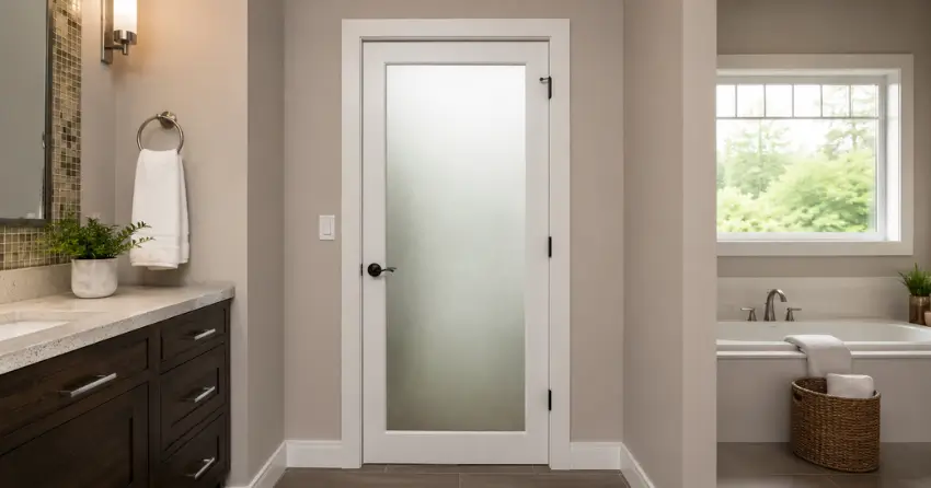 frosted glass panel bathroom door installed in a Scugog home