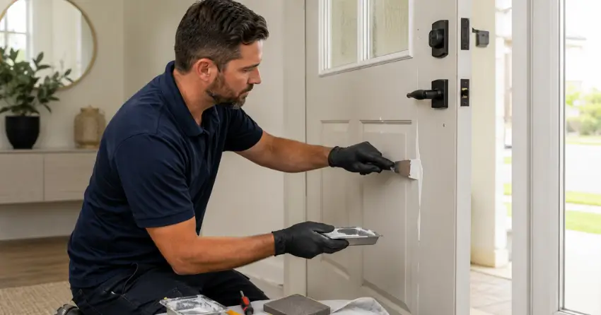 technician repairing fiberglass door surface crack in Epsom, Scugog