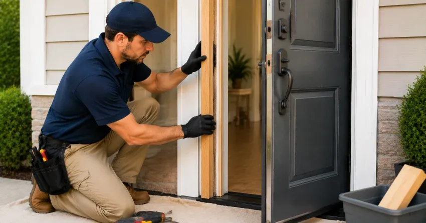 technician inspecting damaged door frame corner in Strattonville, Scugog