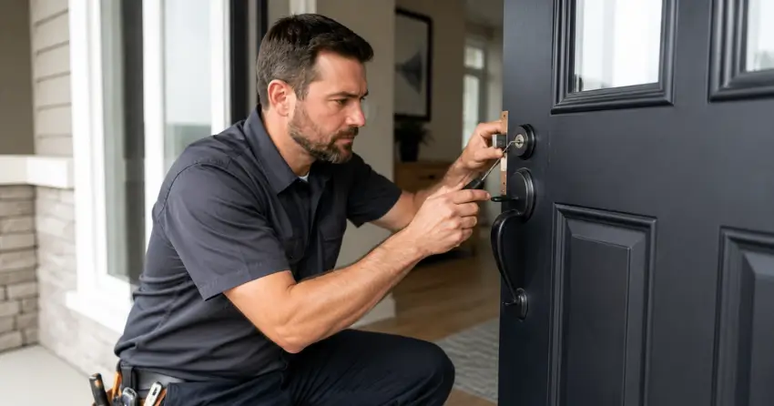 licensed locksmith technician working on residential deadbolt in Scugog