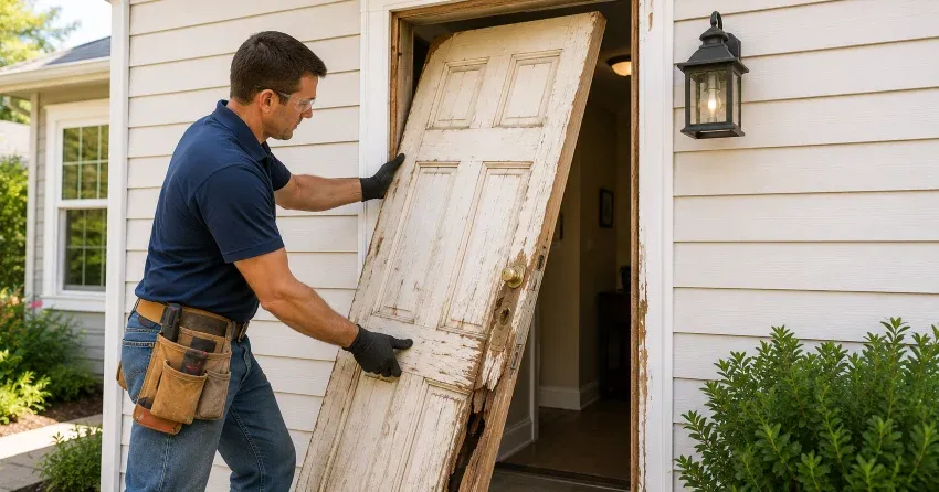 warped exterior door frame showing weather damage in Scugog